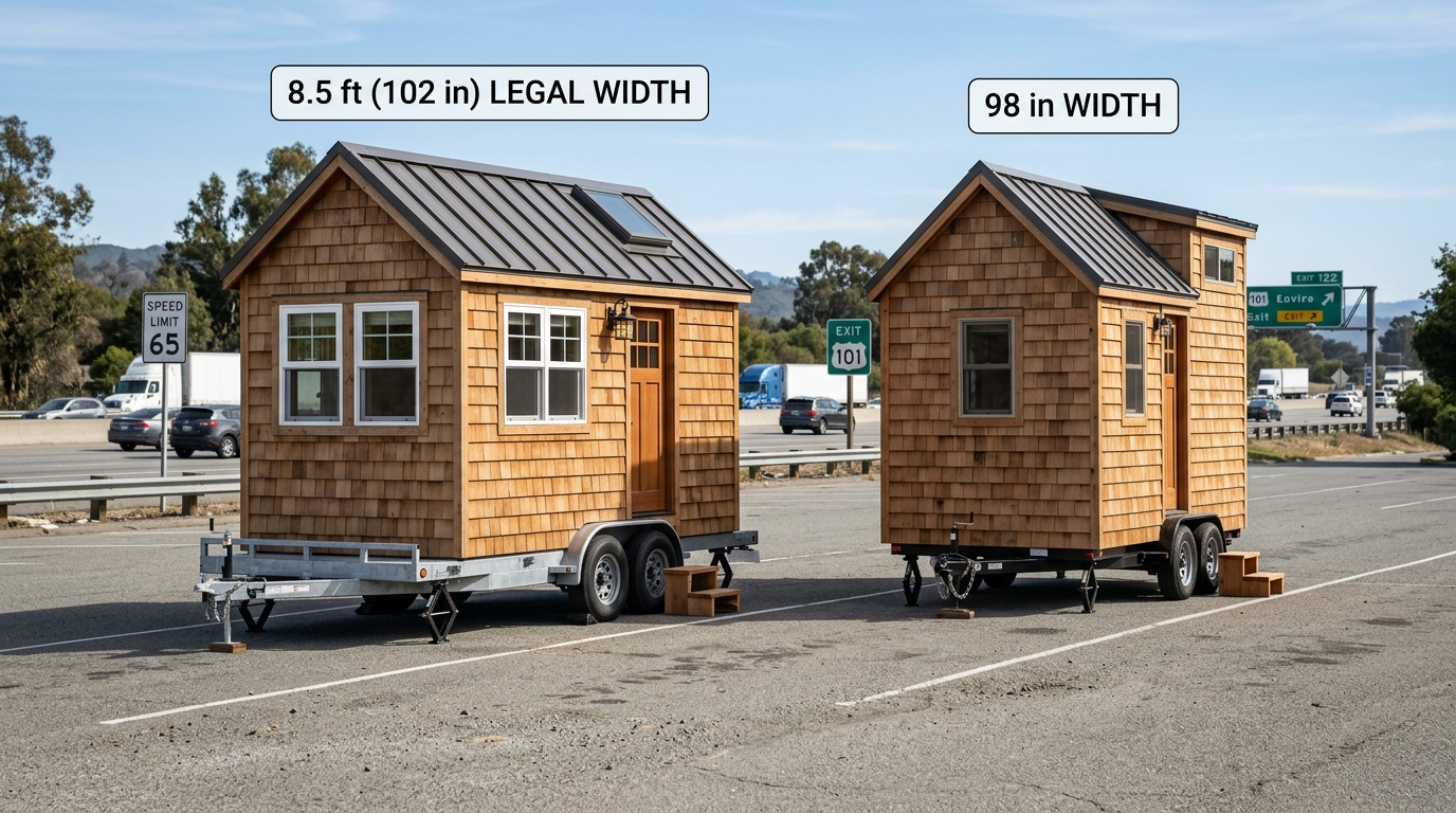 Comparison of tiny house trailers with 8.5-foot and 98-inch widths, highlighting space differences.