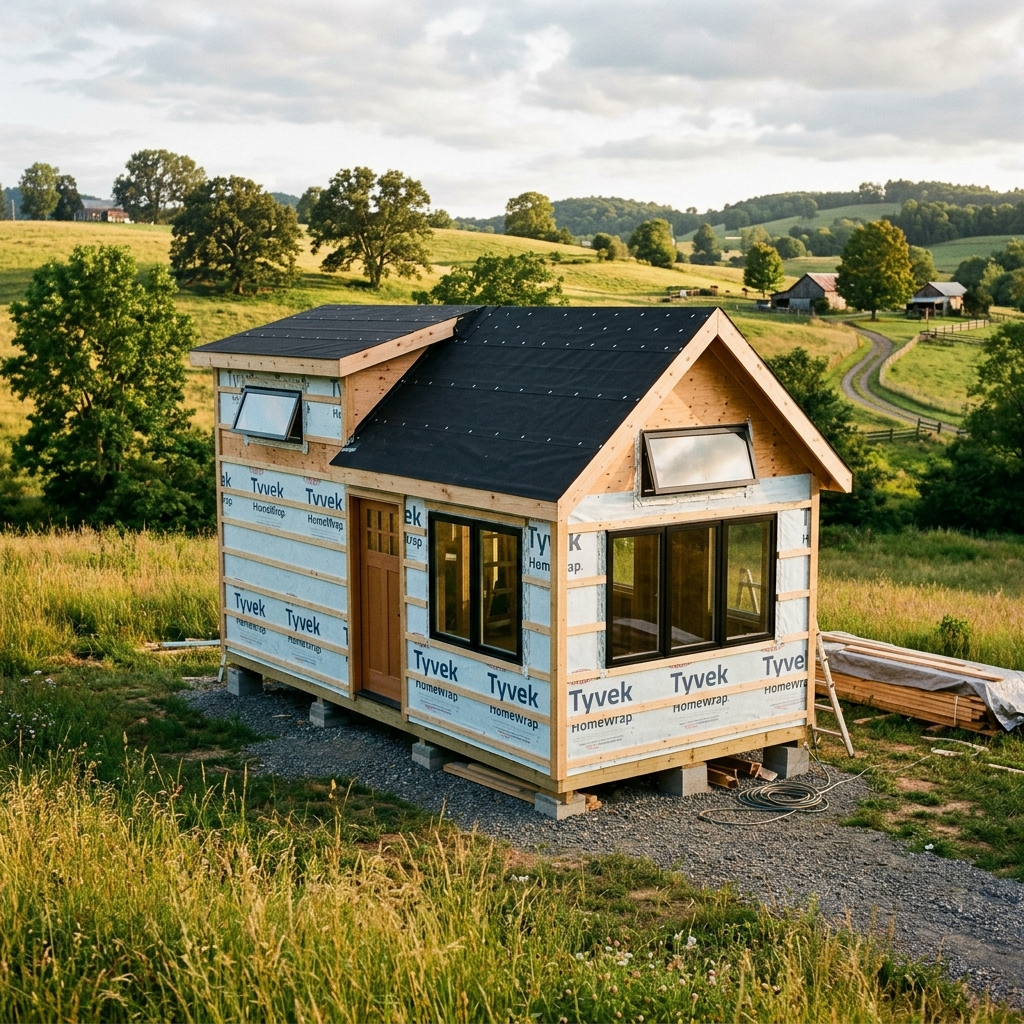 Completed tiny house shell with weatherproofing in a rural location.