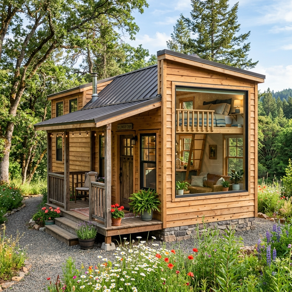 Completed tiny house with a covered porch, large windows, and a loft surrounded by nature.