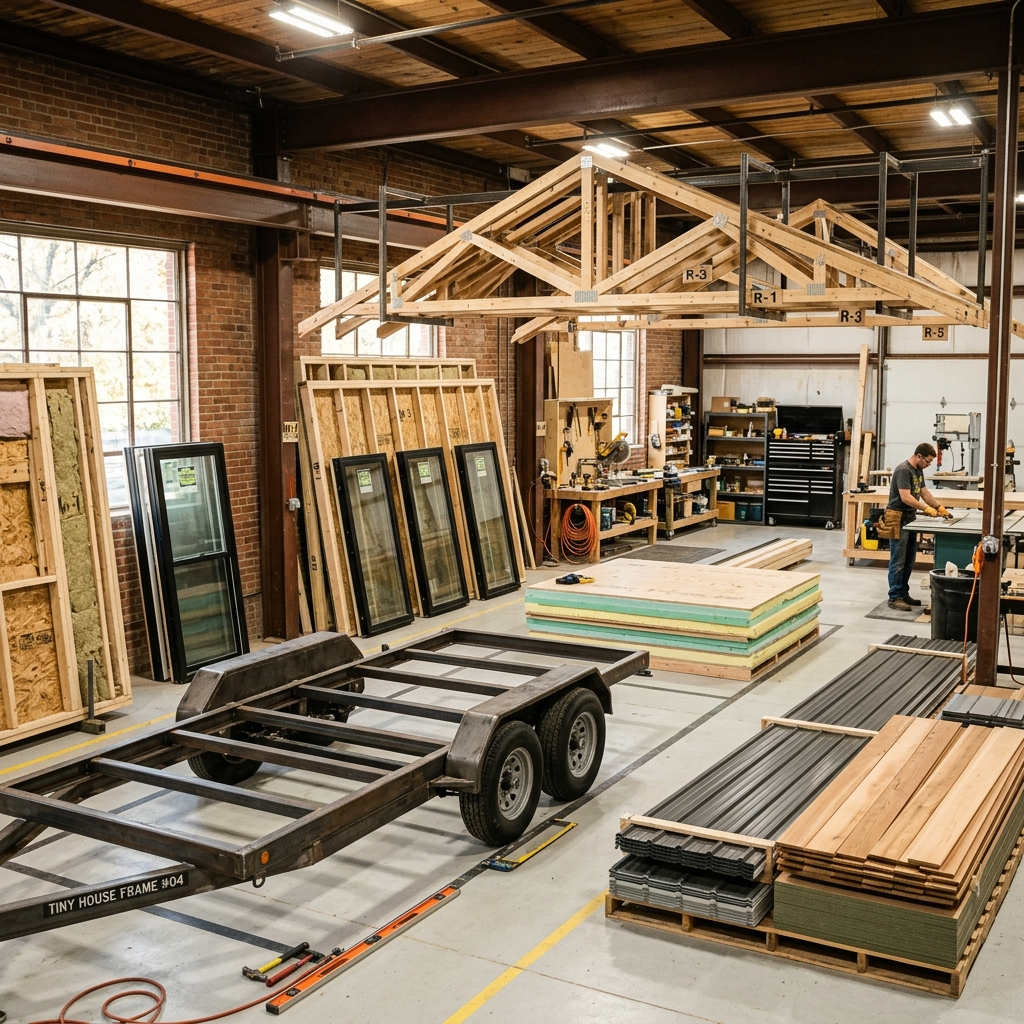 Components of a tiny house shell in a workshop setting.