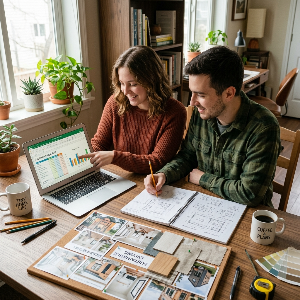 Couple reviewing a tiny house budget plan with sketches and spreadsheets.