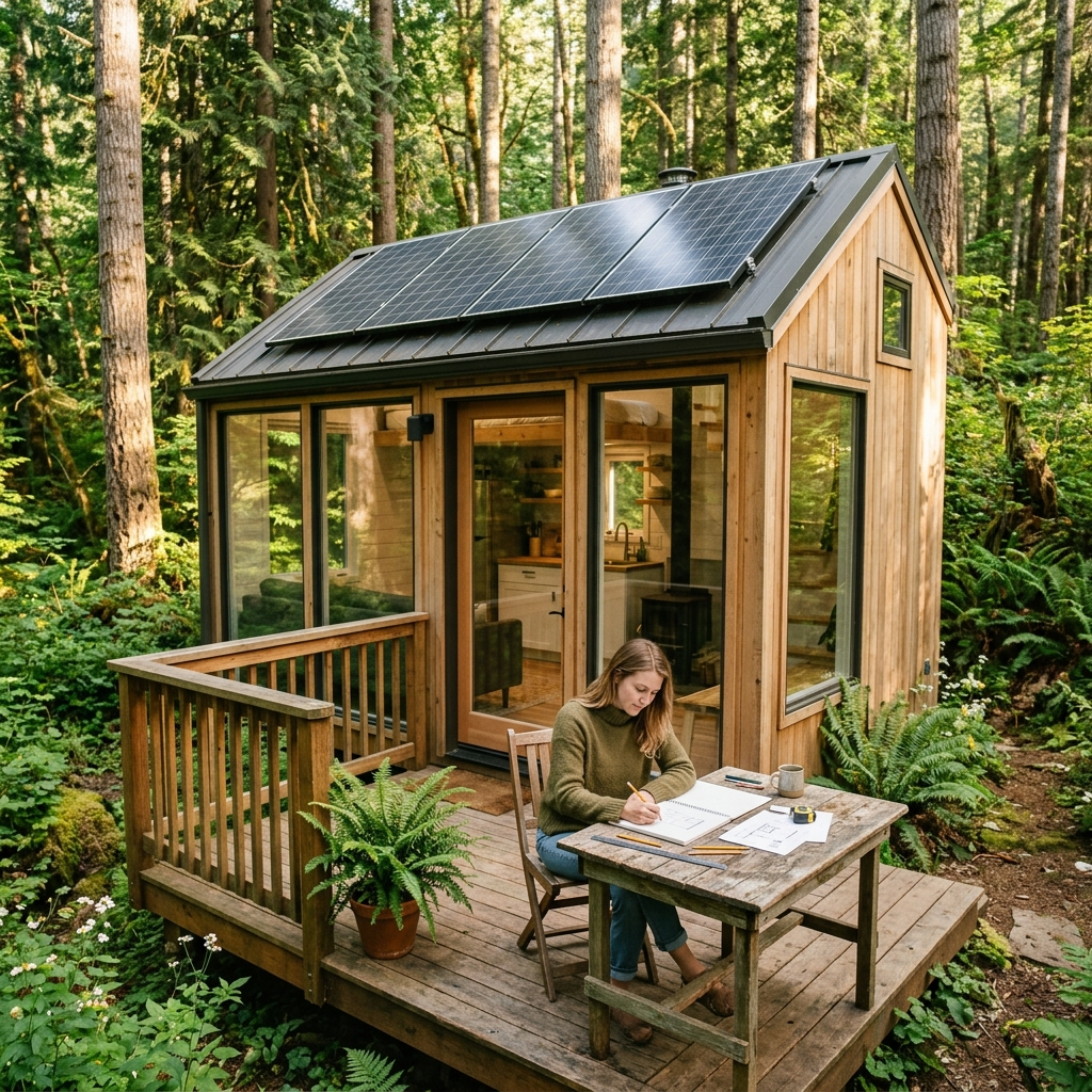 Custom tiny house design in a forest with solar panels and large windows.