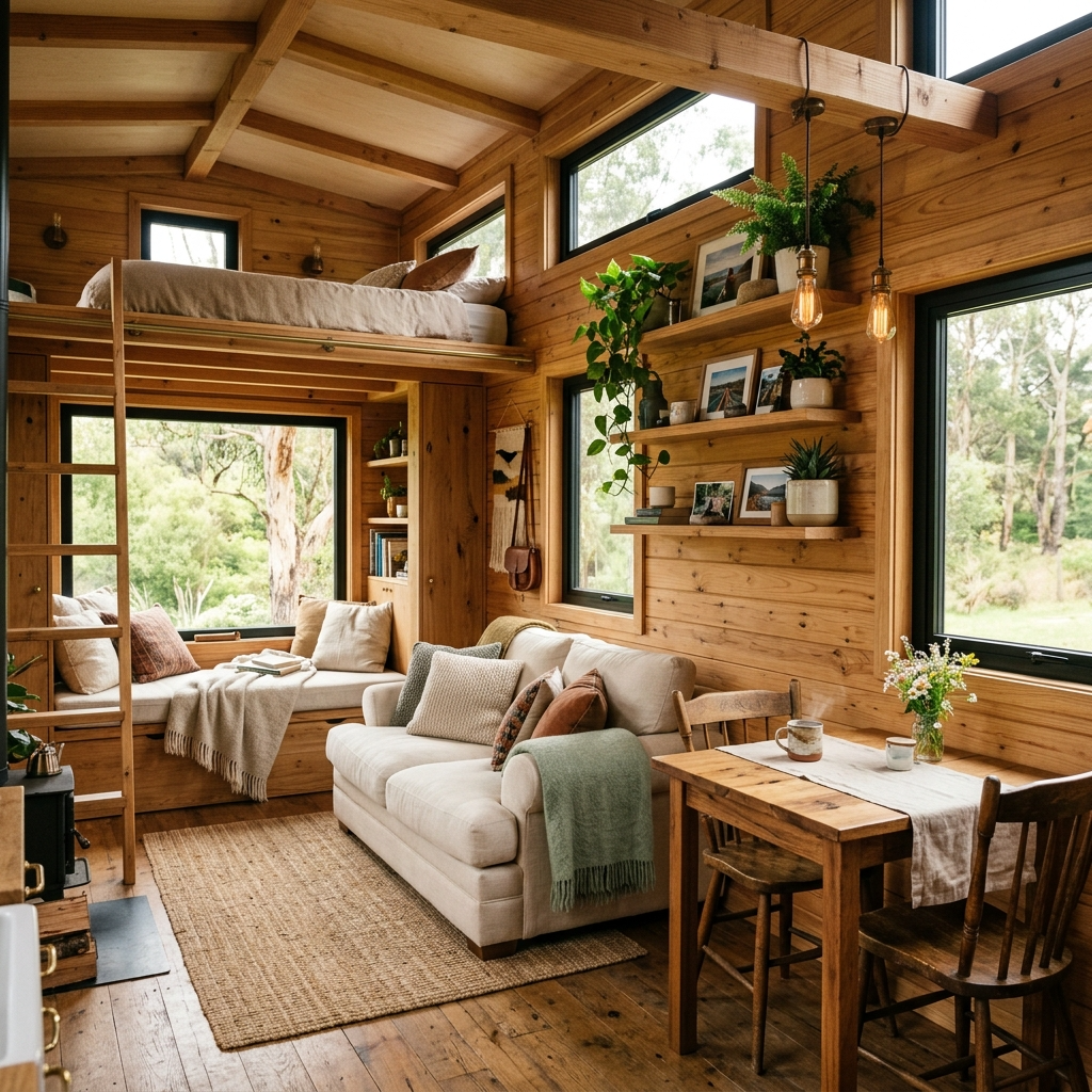 Customized tiny house shell interior with wood paneling and cozy furniture.