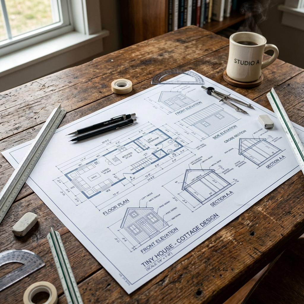 Detailed tiny house blueprint with drafting tools on a wooden table.