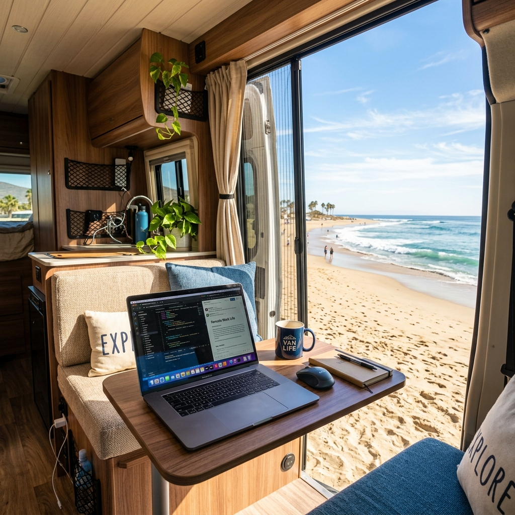 Digital nomad working remotely from RV at a beach, showcasing flexible and mobile lifestyle.