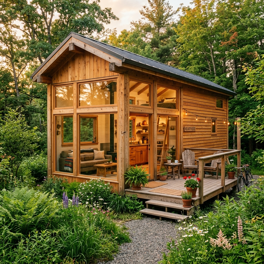 Eco-friendly tiny house with open floor plan and outdoor deck surrounded by greenery.