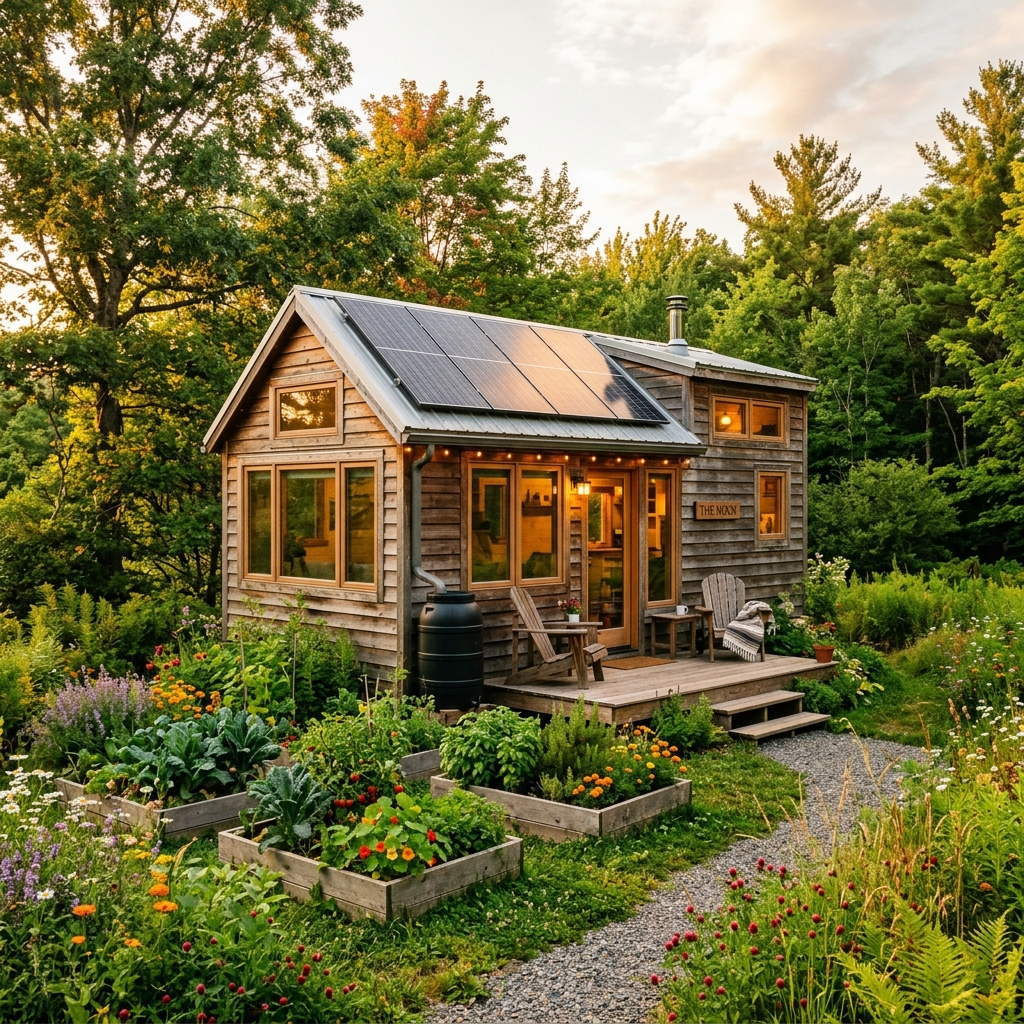 Eco-friendly tiny house with solar panels and garden, emphasizing sustainability and minimalism.