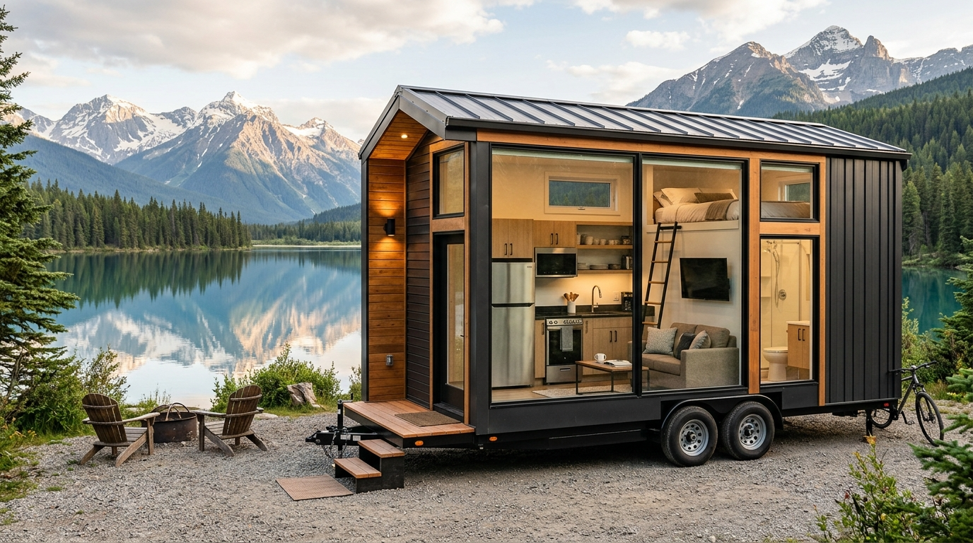 ESCAPE Traveler tiny house kit with a steel frame, full kitchen, and scenic mountain backdrop.