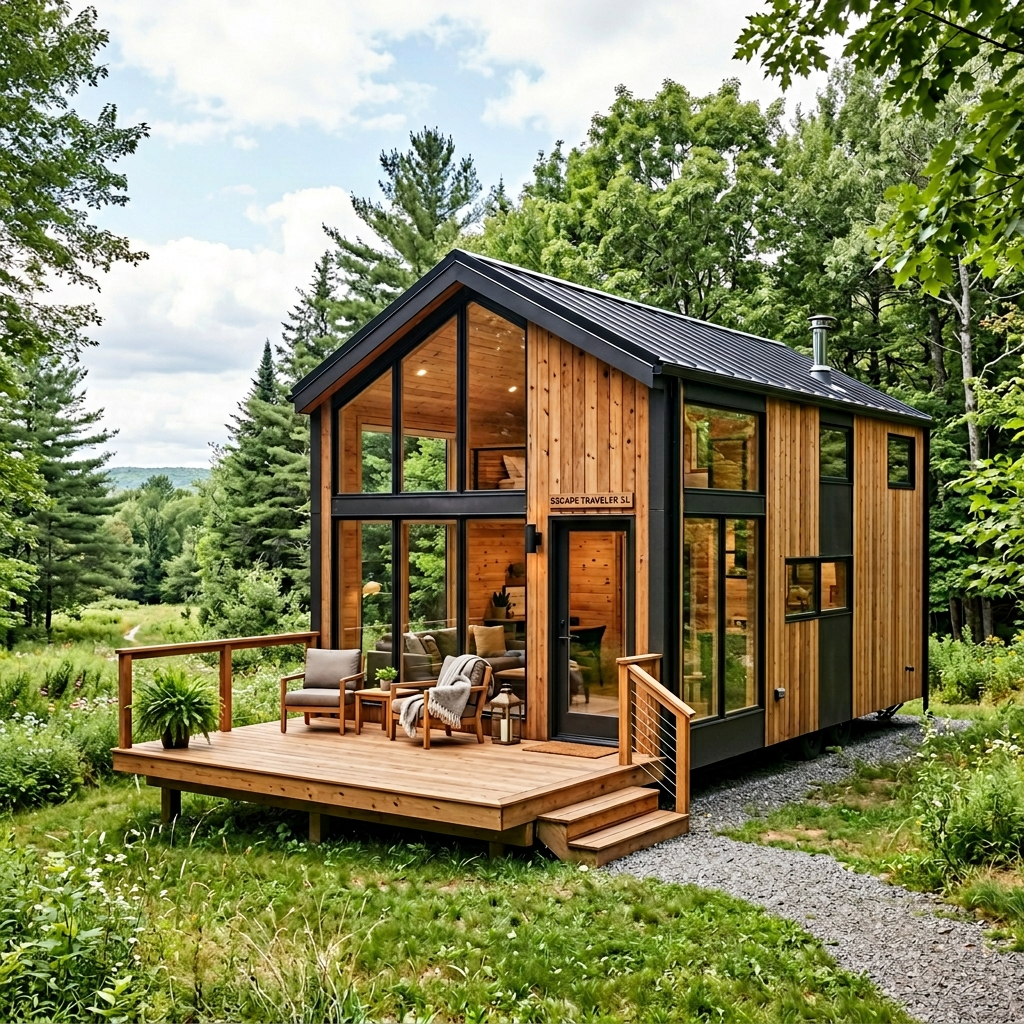 Escape Traveler XL tiny house with large deck and modern design.