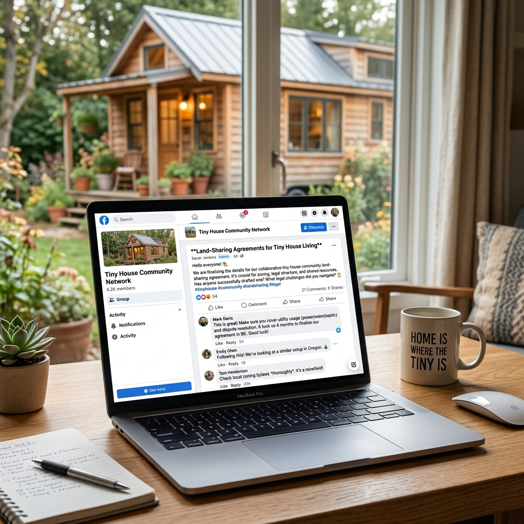 Facebook group discussing tiny house land-sharing agreements.