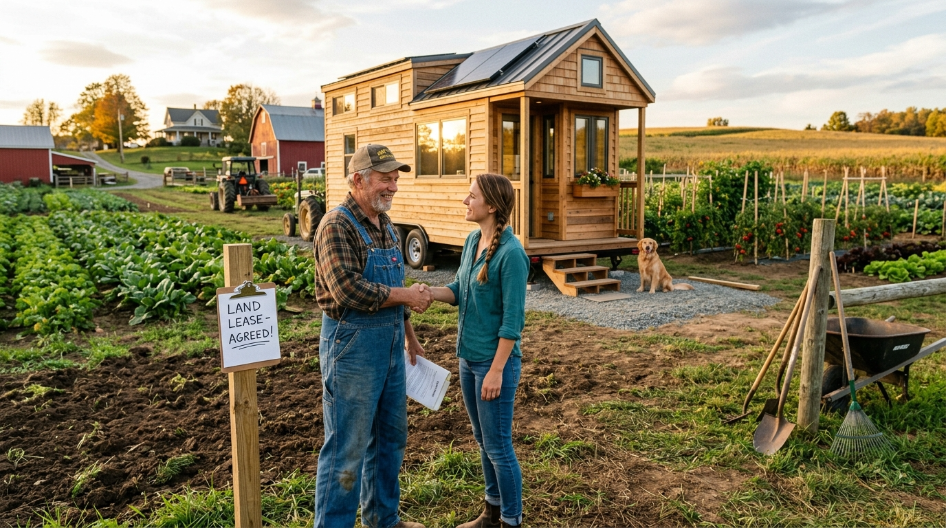 Farmer leasing land to tiny house owner with handshake near setup site.