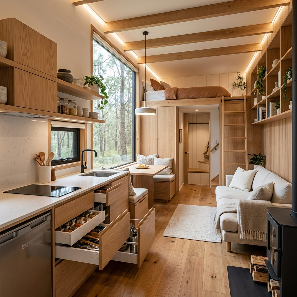 Finished tiny house interior with custom storage, compact kitchen, and eco-friendly appliances.
