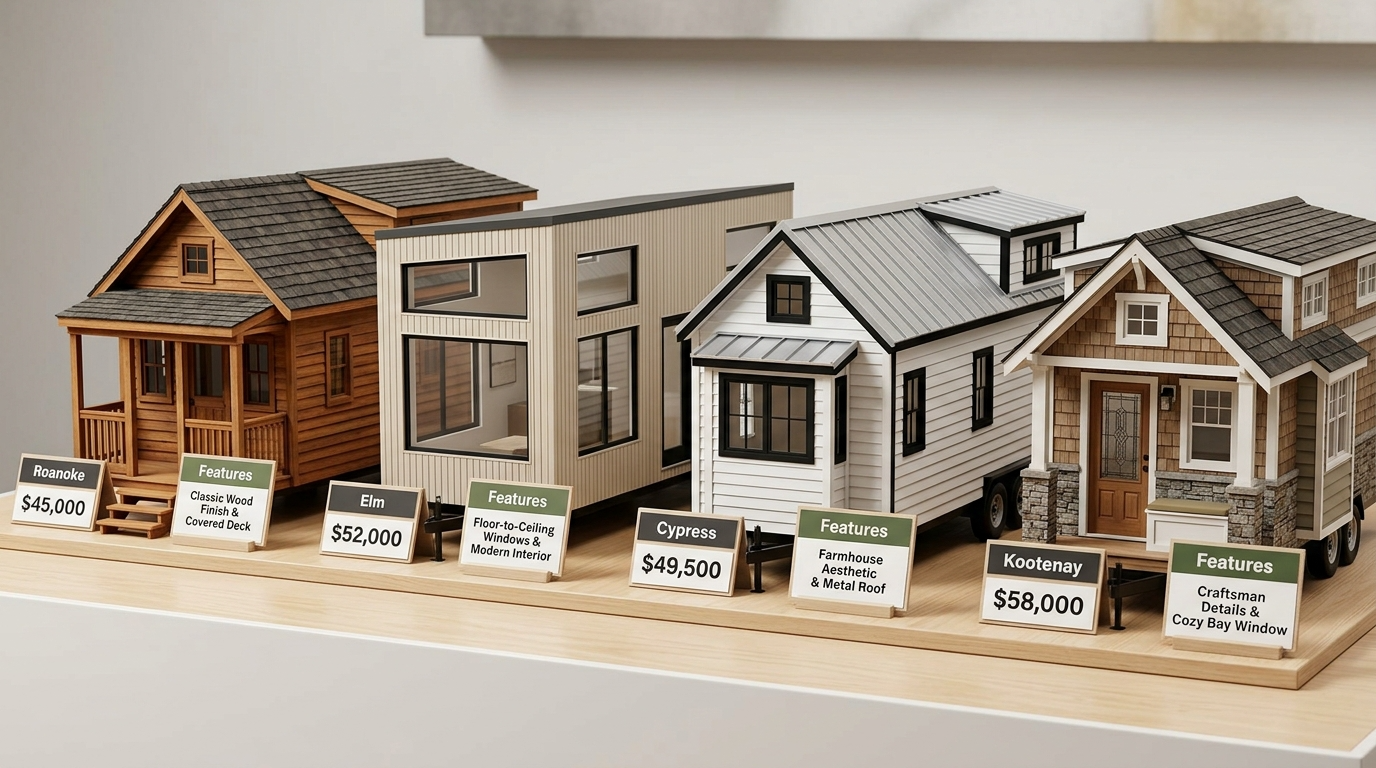 Four tiny house models with price tags and features displayed side by side.