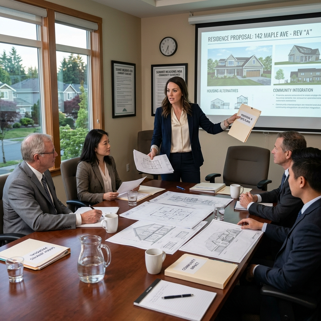 Homeowner presenting case to homeowners' association for tiny house approval.