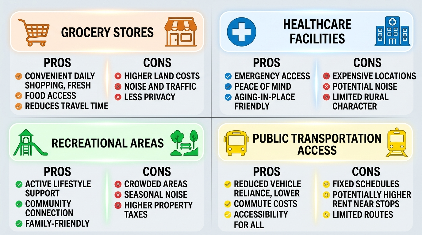 Infographic comparing amenities for selecting tiny house land.