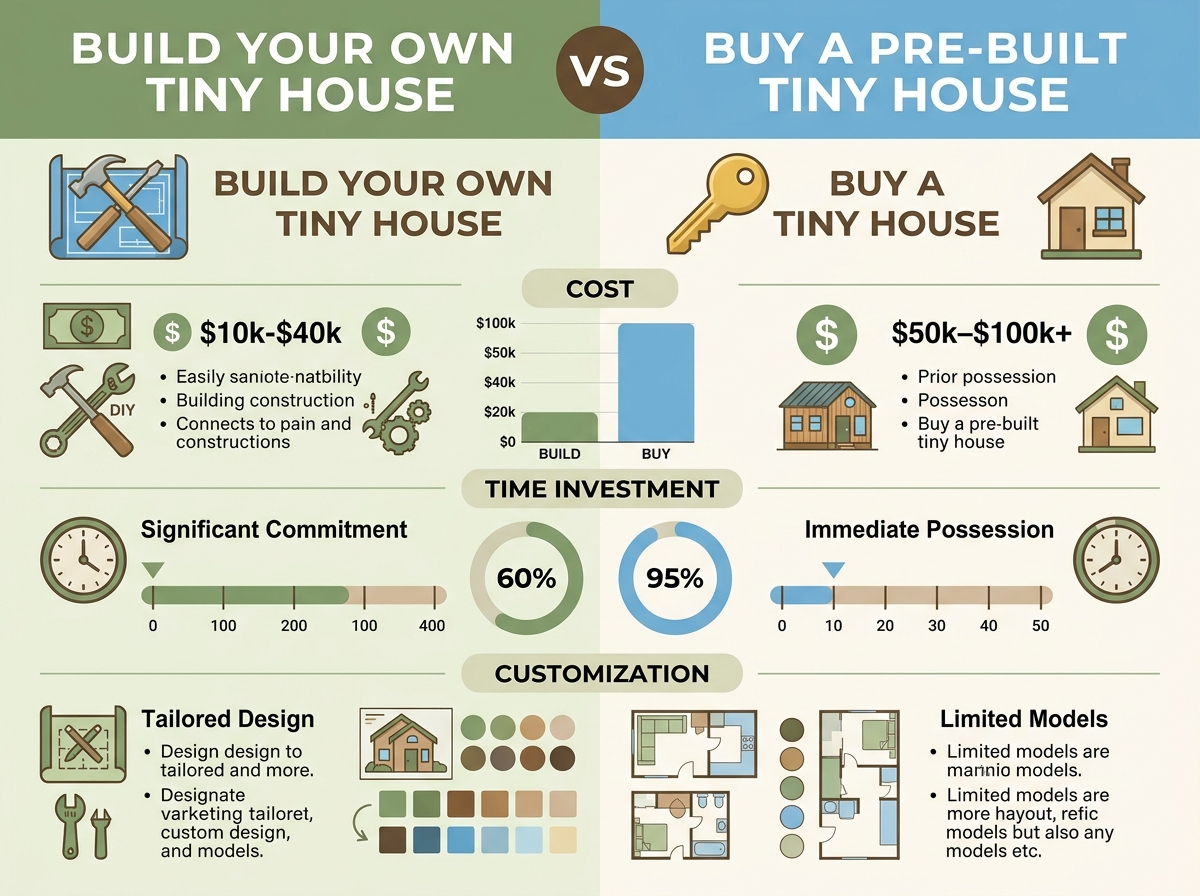 Infographic comparing building versus buying a tiny house with cost and customization details.