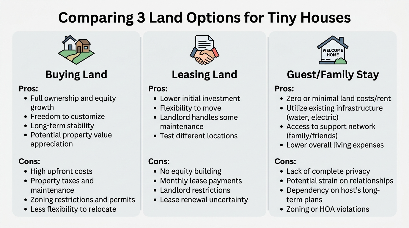 Infographic comparing buying, leasing, and guest stays for tiny house land.