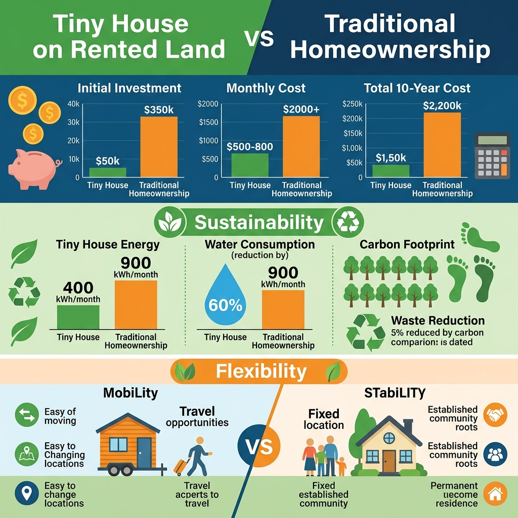 Infographic comparing costs and benefits of tiny house land rentals versus homeownership.