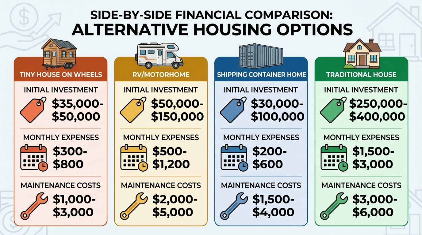 Infographic comparing costs of tiny houses, RVs, container homes, and traditional houses.