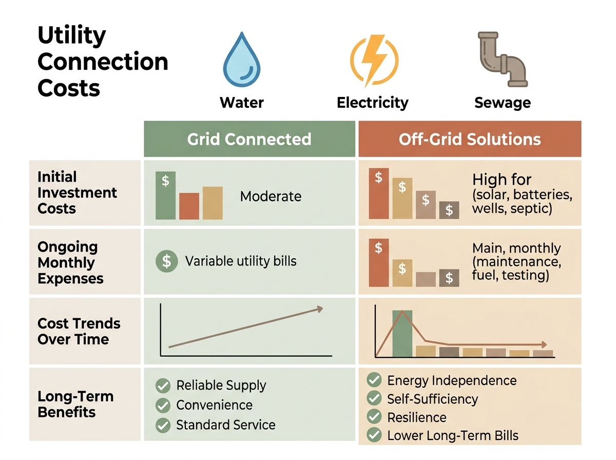 Infographic comparing costs of utility connections and off-grid options.