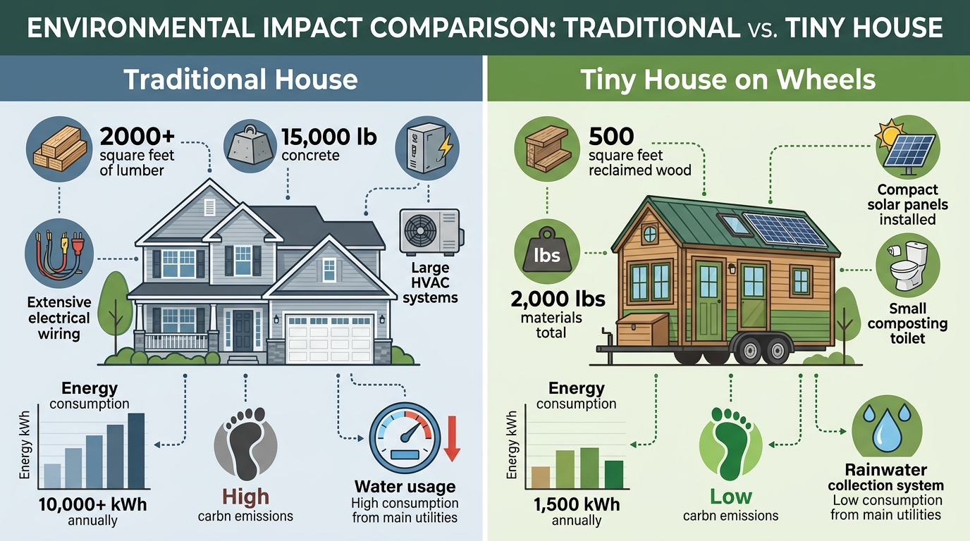 Infographic comparing energy use and materials of tiny houses vs traditional homes.