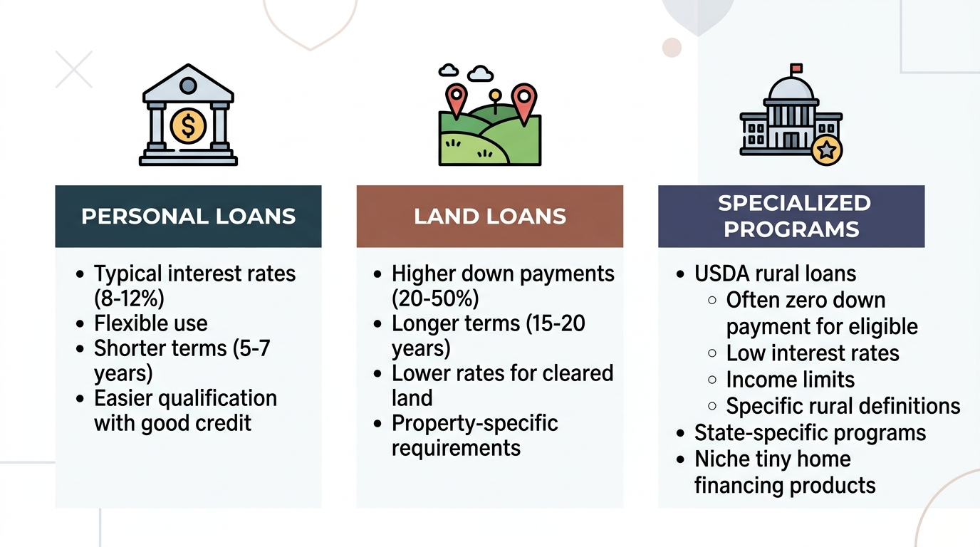 Infographic comparing financing options for tiny house land purchase.