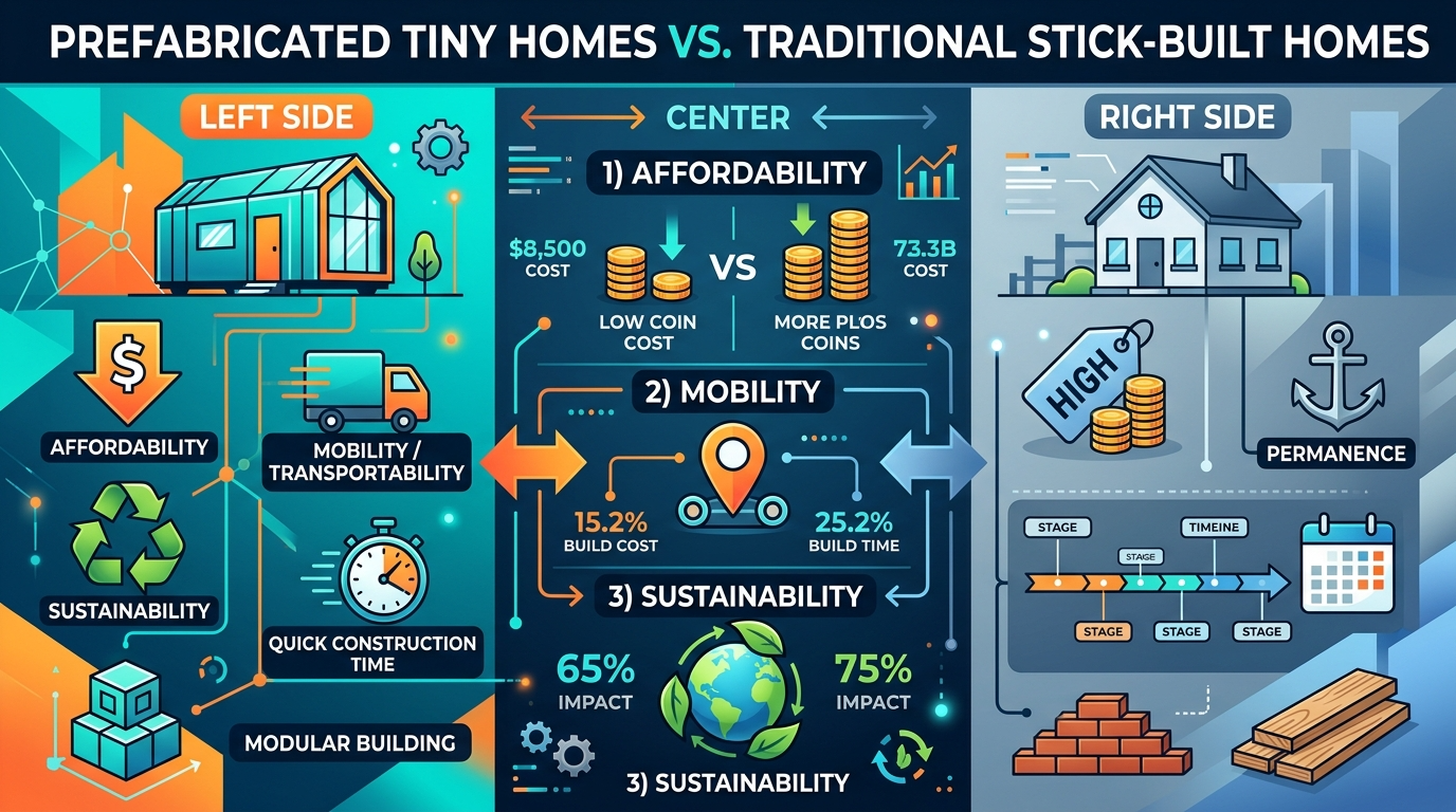Infographic comparing prefabricated tiny homes and traditional homes.