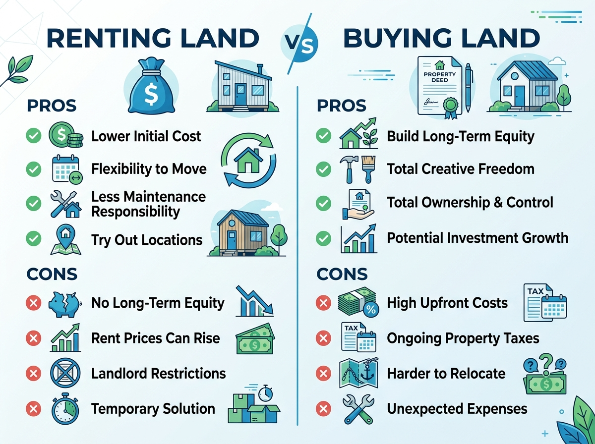 Infographic comparing renting versus buying land for tiny houses.