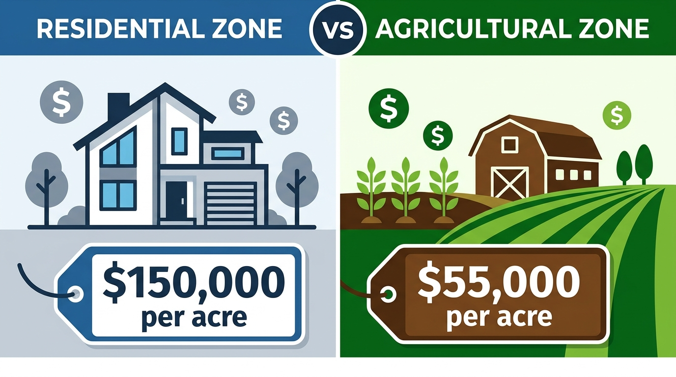 Infographic comparing residential and agricultural land costs per acre.