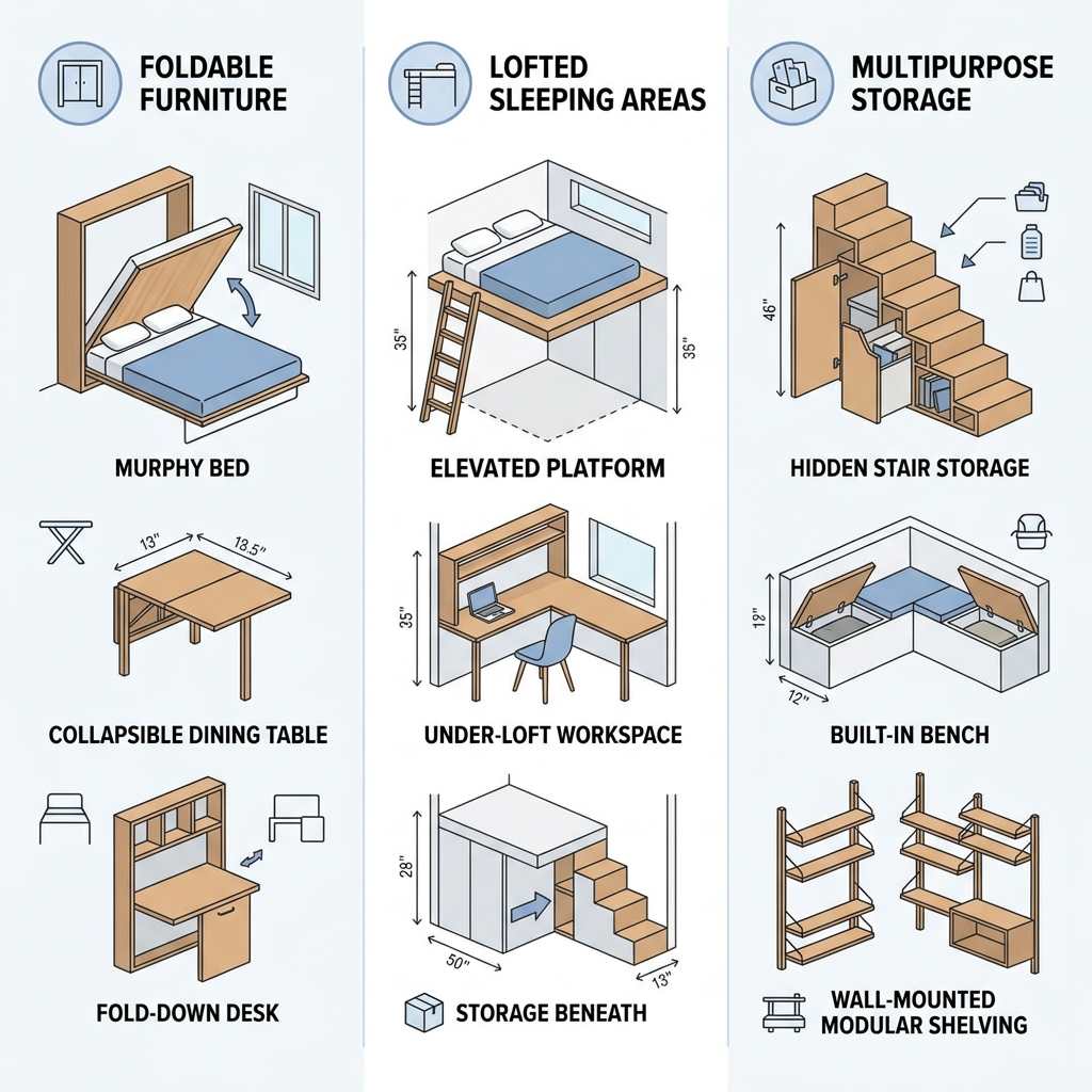 Infographic comparing space-saving solutions for tiny house interiors.