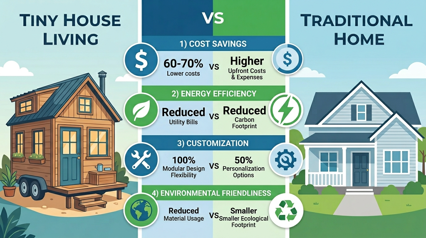 Infographic comparing tiny house benefits like cost and energy efficiency to traditional homes.