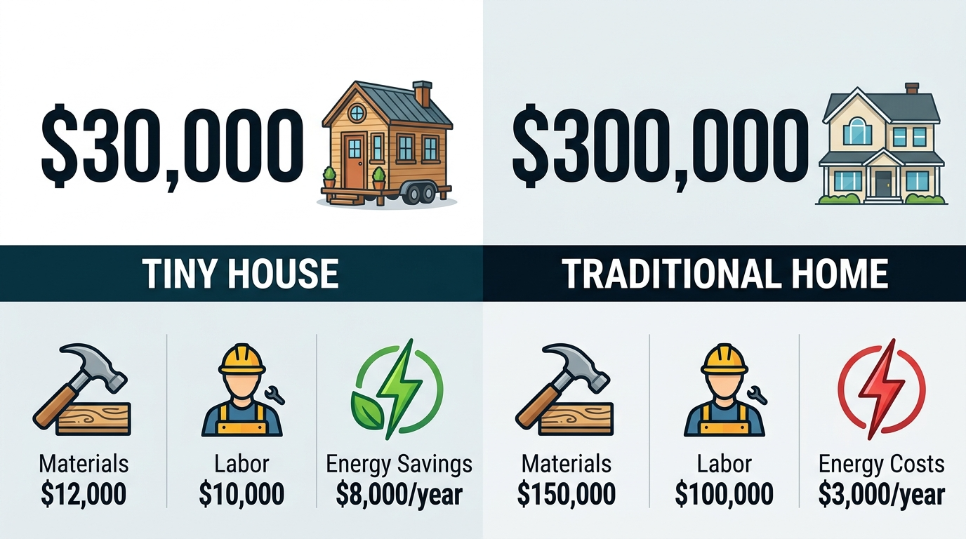 Infographic comparing tiny house costs to traditional home costs, highlighting affordability.