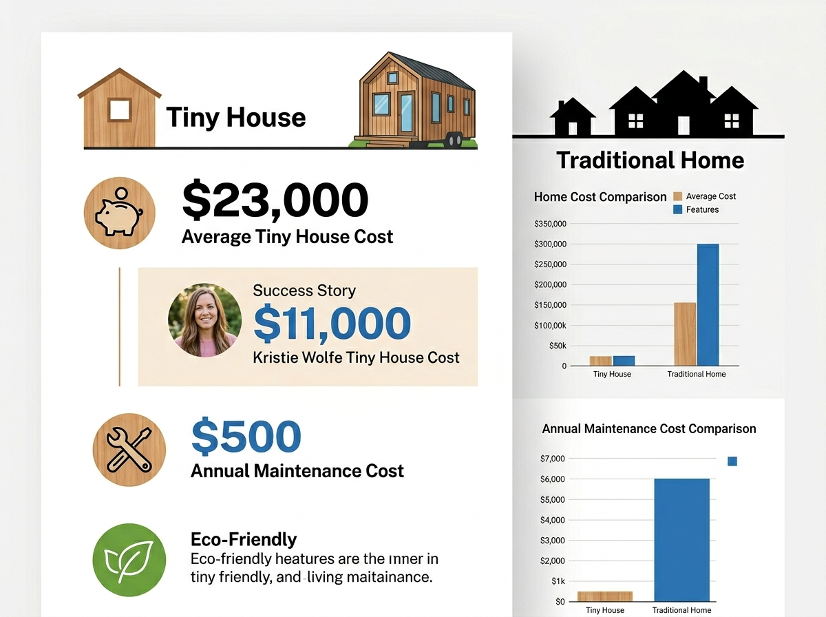 Infographic comparing tiny house costs with traditional homes, highlighting affordability and savings.