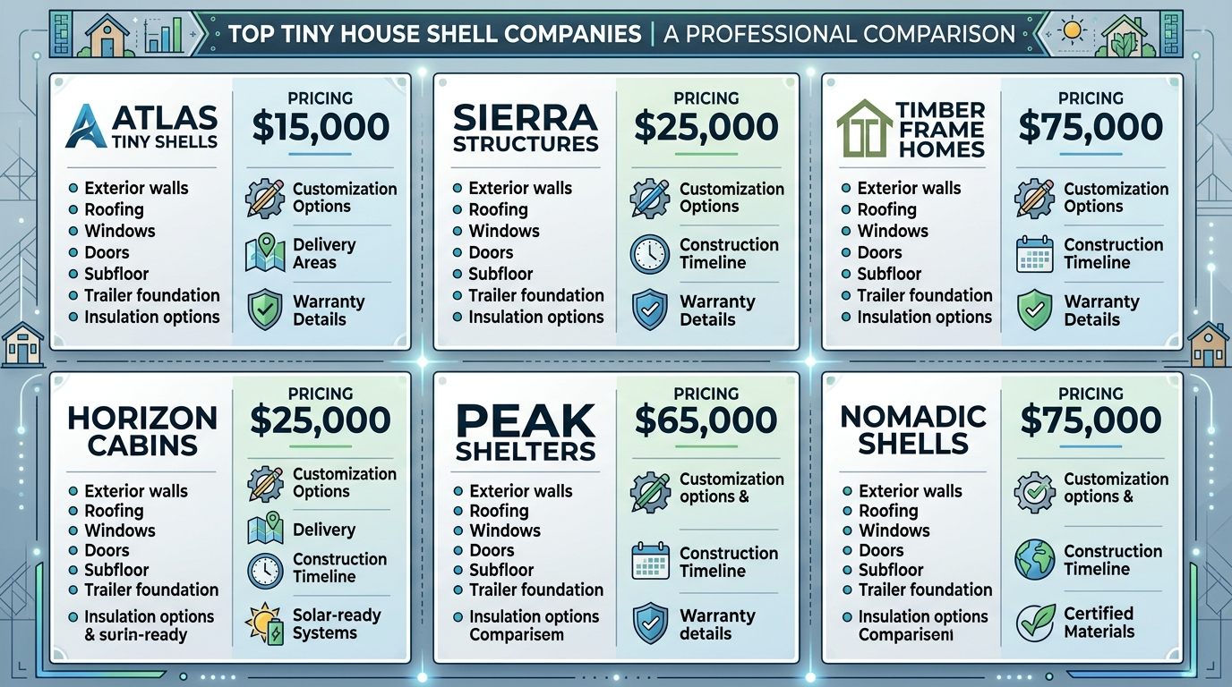 Infographic comparing top companies offering tiny house shells and their features.