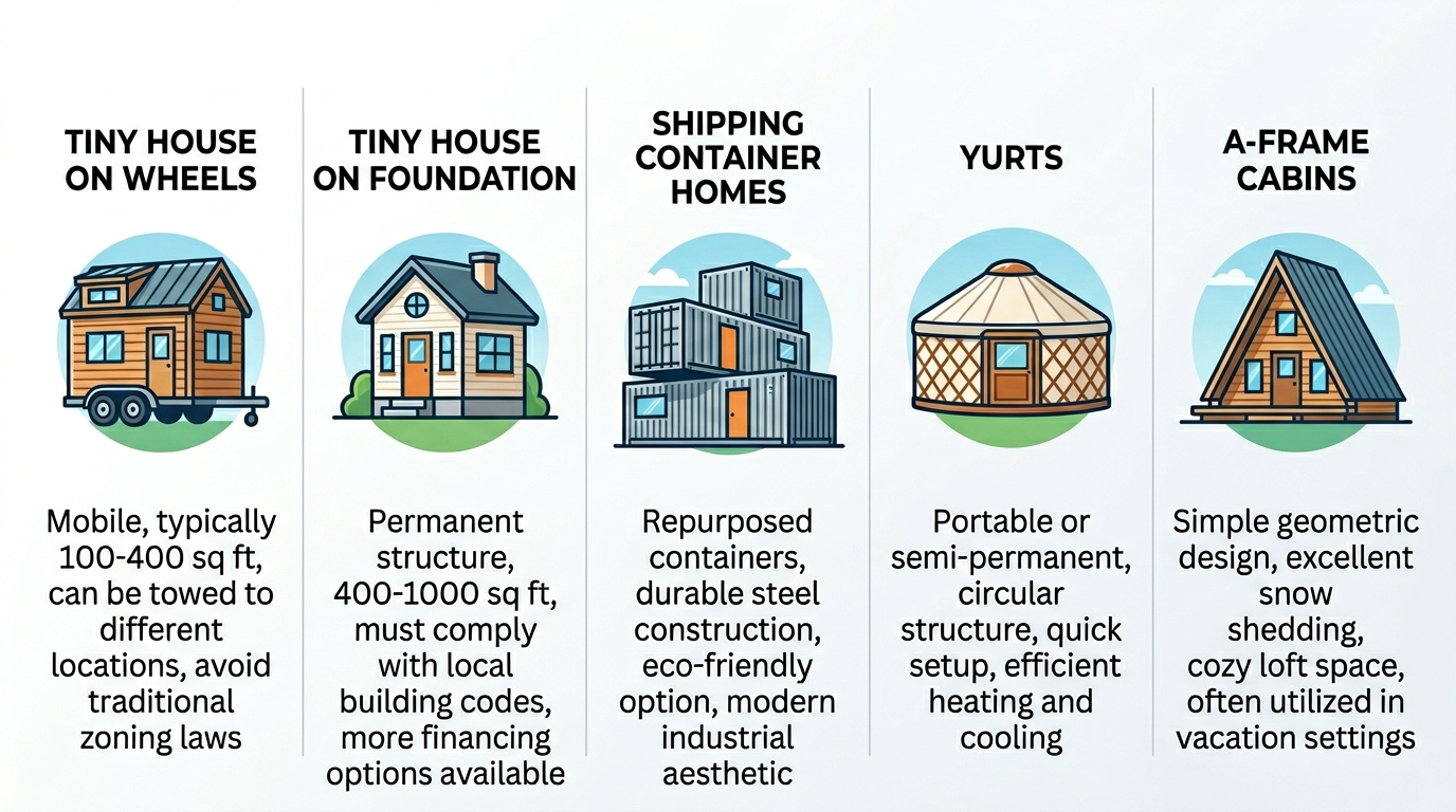 Infographic comparing types of tiny homes with icons and descriptions.