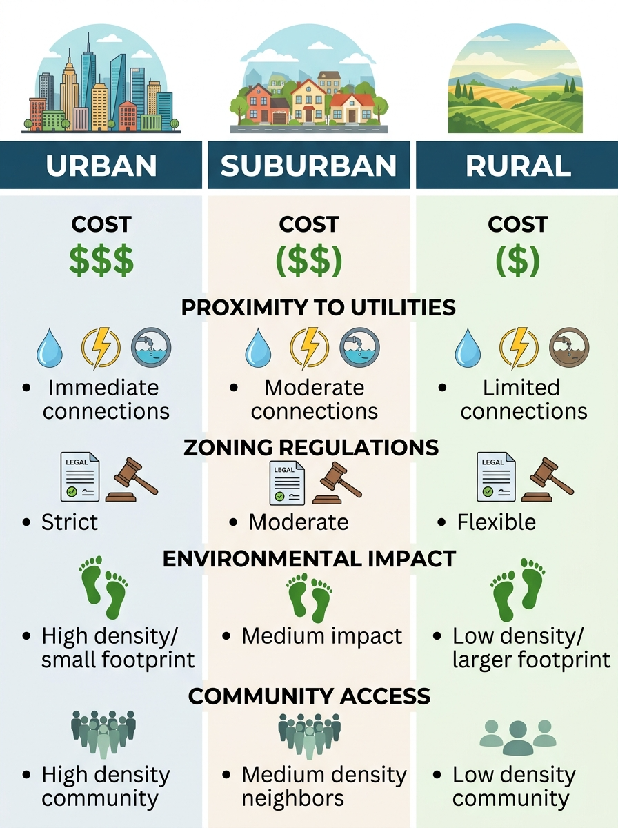 Infographic comparing urban, suburban, and rural land for tiny houses.