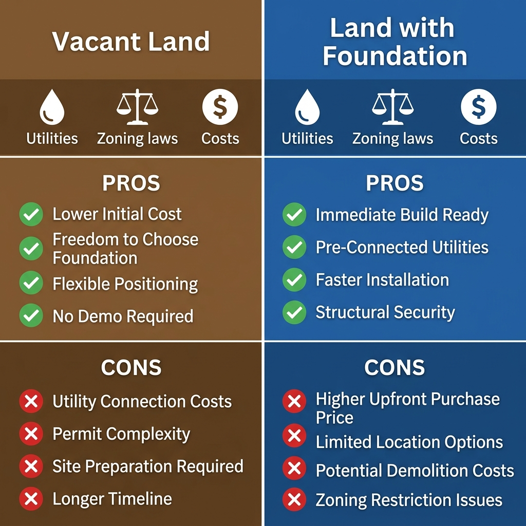 Infographic comparing vacant land and foundation land for tiny houses.