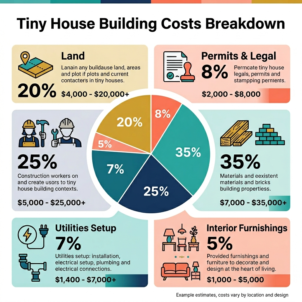 Infographic detailing cost components of building a tiny house like land, permits, materials, and labor.