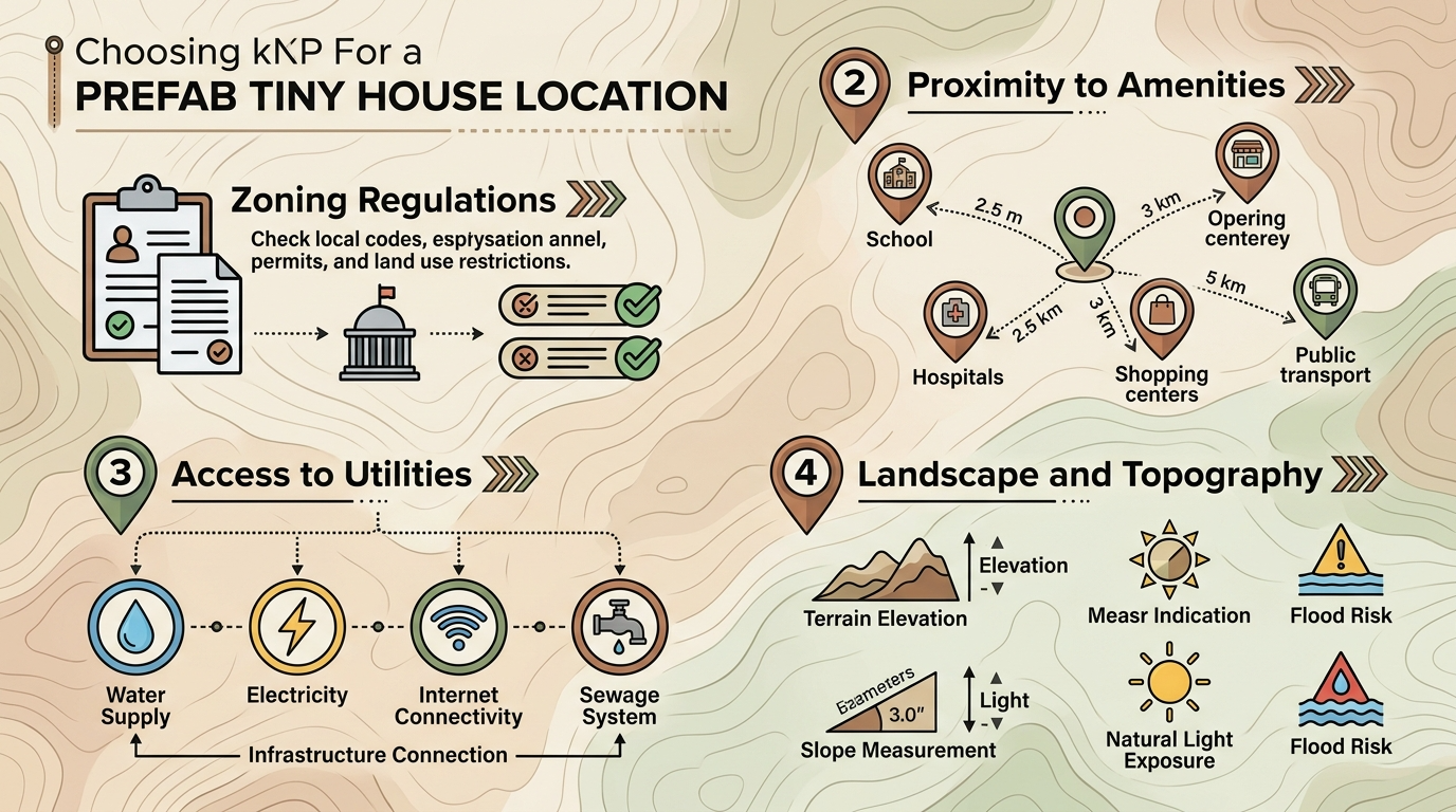 Infographic detailing location factors for prefab tiny houses, such as zoning, utilities, and landscape.