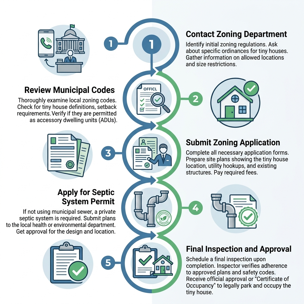 Infographic detailing steps to obtain permits for parking a tiny house.