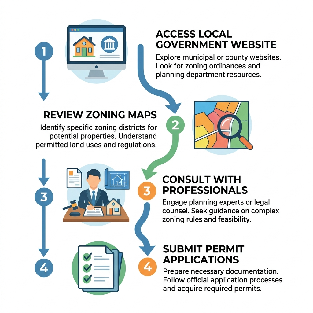 Infographic detailing steps to research zoning laws for tiny house land.