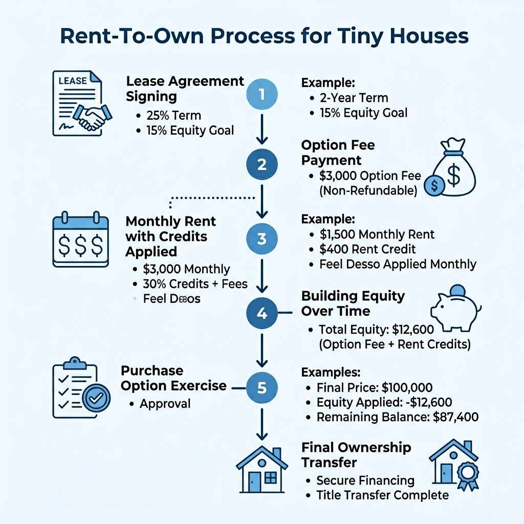 Infographic explaining the rent-to-own process for tiny houses, including lease agreements and ownership steps.