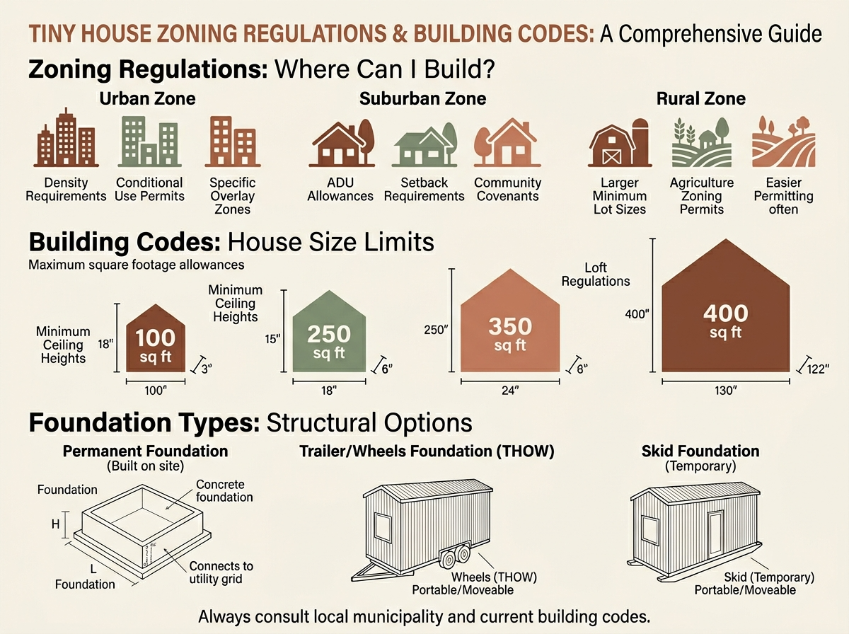 Infographic explaining zoning regulations and building codes for tiny houses.