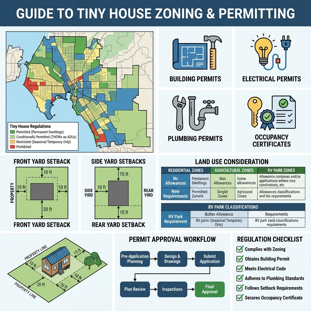 Infographic explaining zoning regulations and permits for tiny houses.
