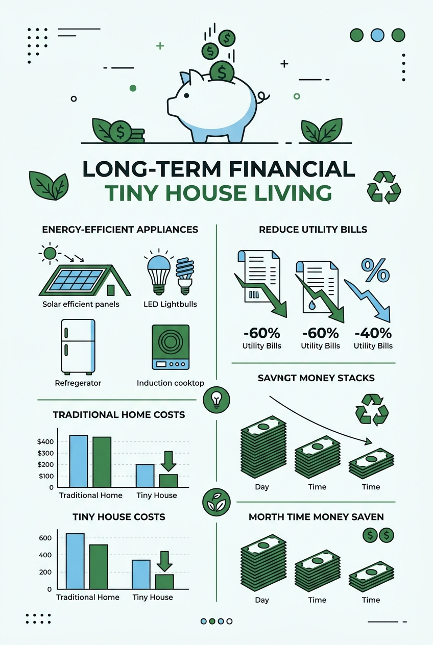 Infographic highlighting financial benefits of tiny house living like savings and energy efficiency.