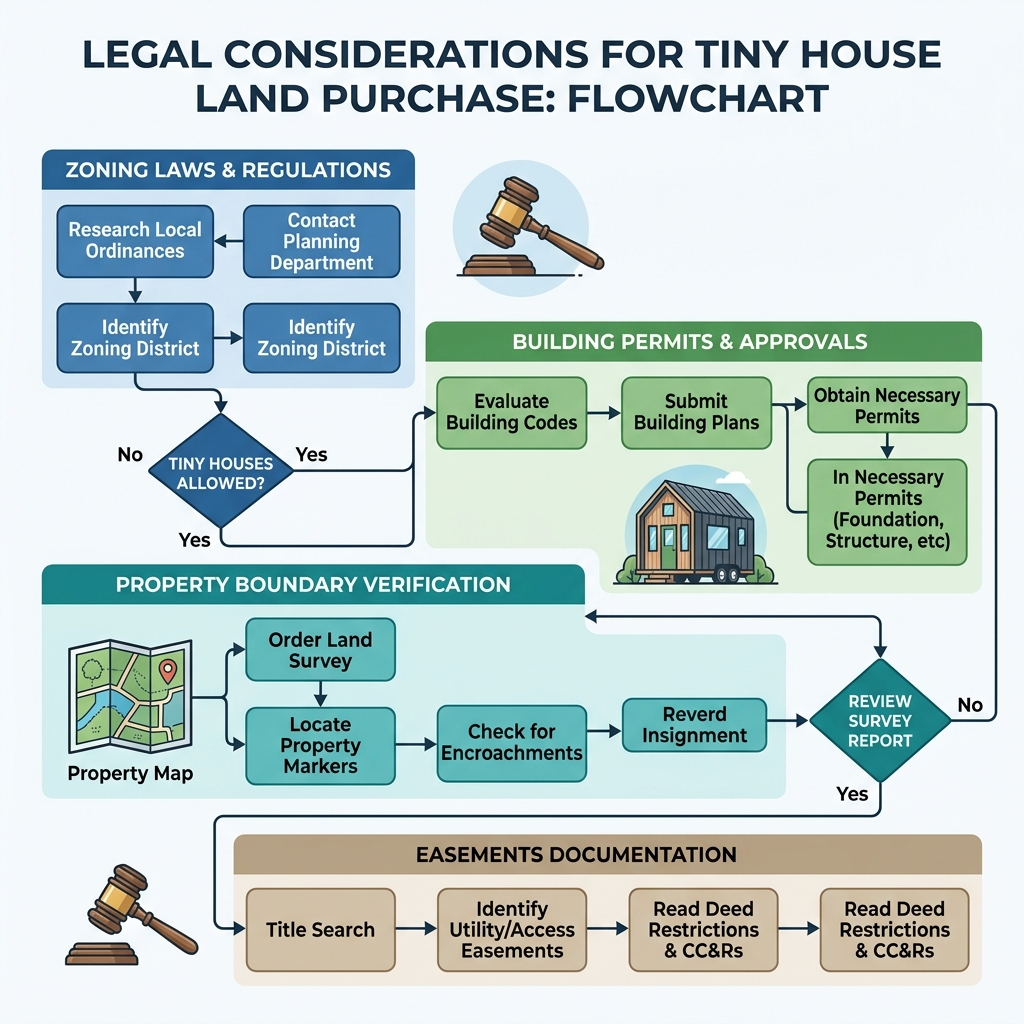 Infographic of legal considerations for buying land for a tiny house.