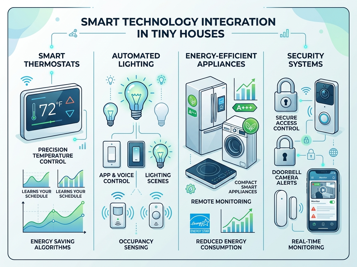 Infographic of smart technology features in modern tiny houses, including energy-efficient appliances and automation.
