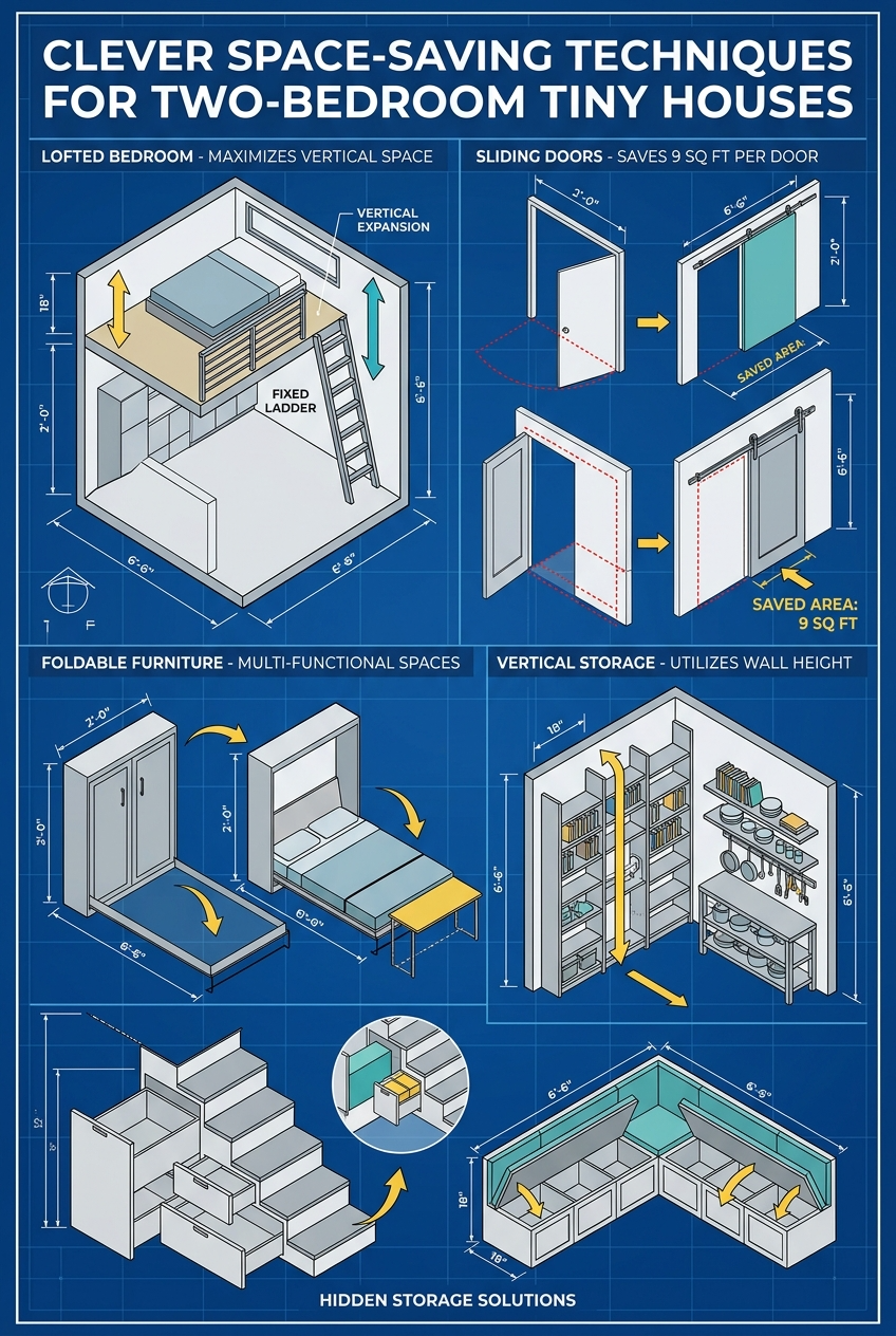 Infographic of space-saving techniques for two-bedroom tiny houses.