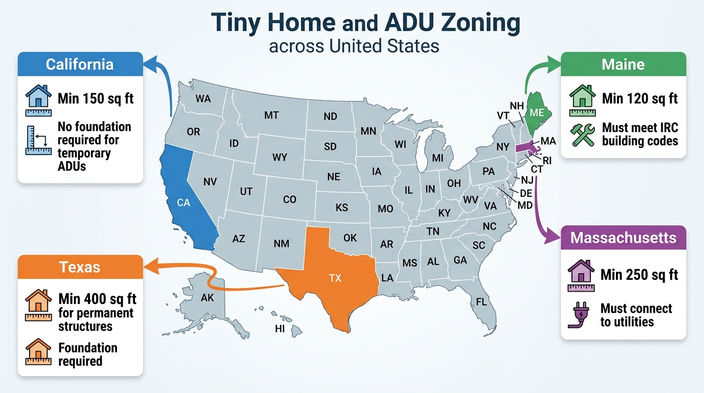 Infographic of U.S. zoning rules for tiny houses by state.