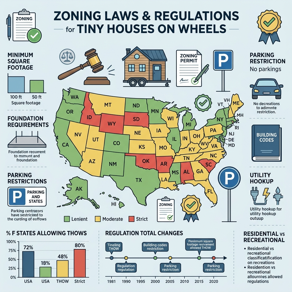 Infographic of zoning laws and regulations for tiny houses across states.